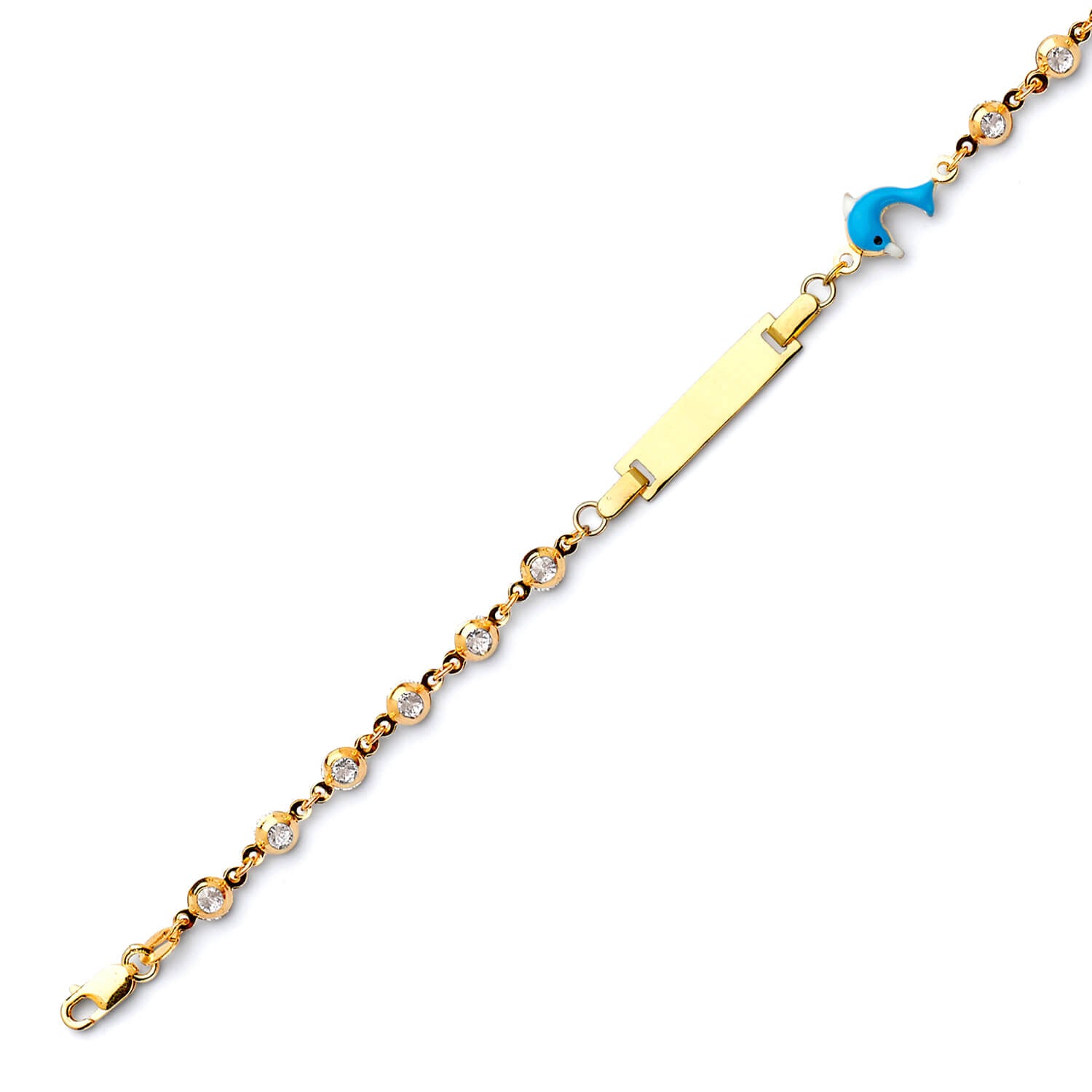 Beaded White CZ Enamel Kids Dolphin Charm ID Bracelet In 14K Gold