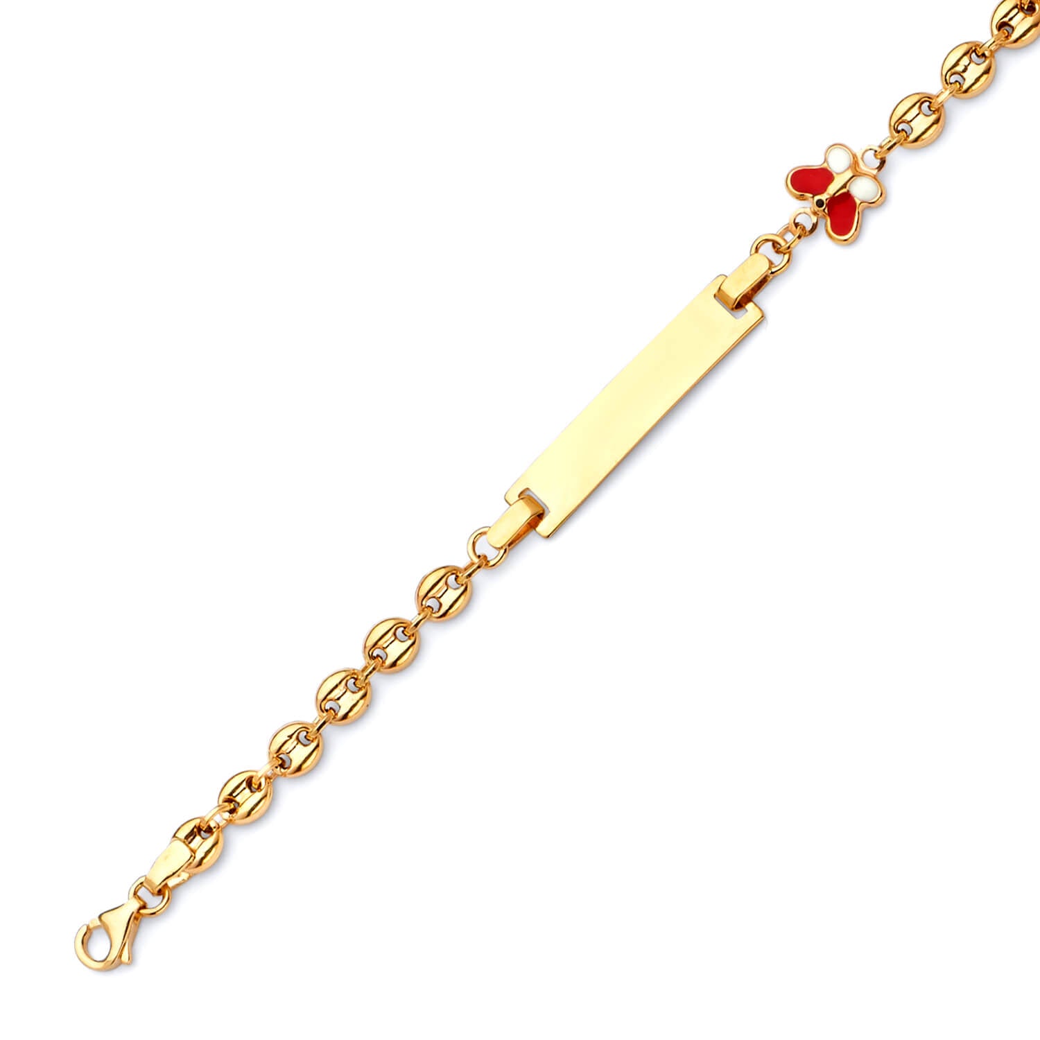 Beaded Red Enamel Kids Butterfly Charm ID Bracelet In 14K Gold