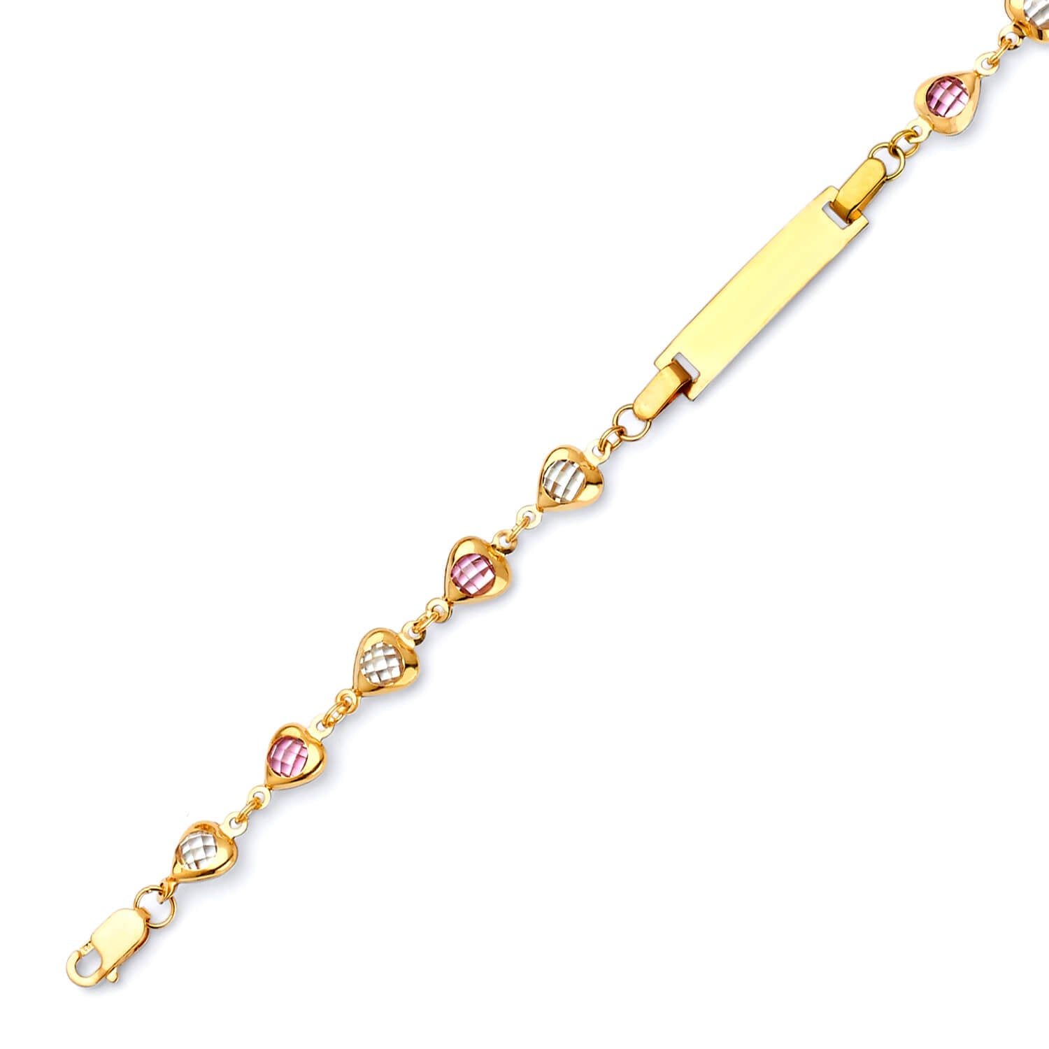 Beaded Pink & White CZ Kids Heart Charm ID Bracelet In 14K Gold