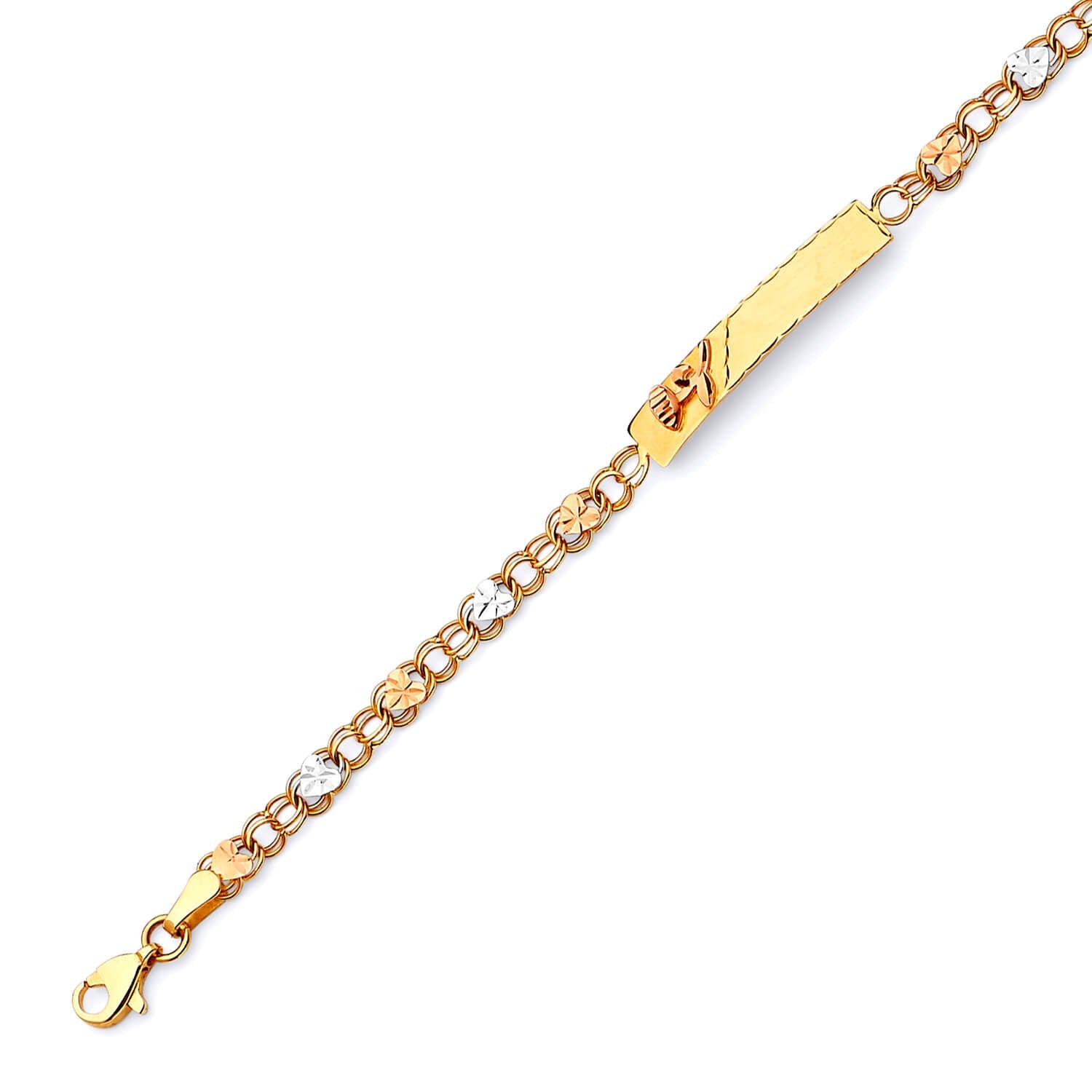 Mexican Kids Heart Border ID Bracelet In 14K Tri-Color Gold