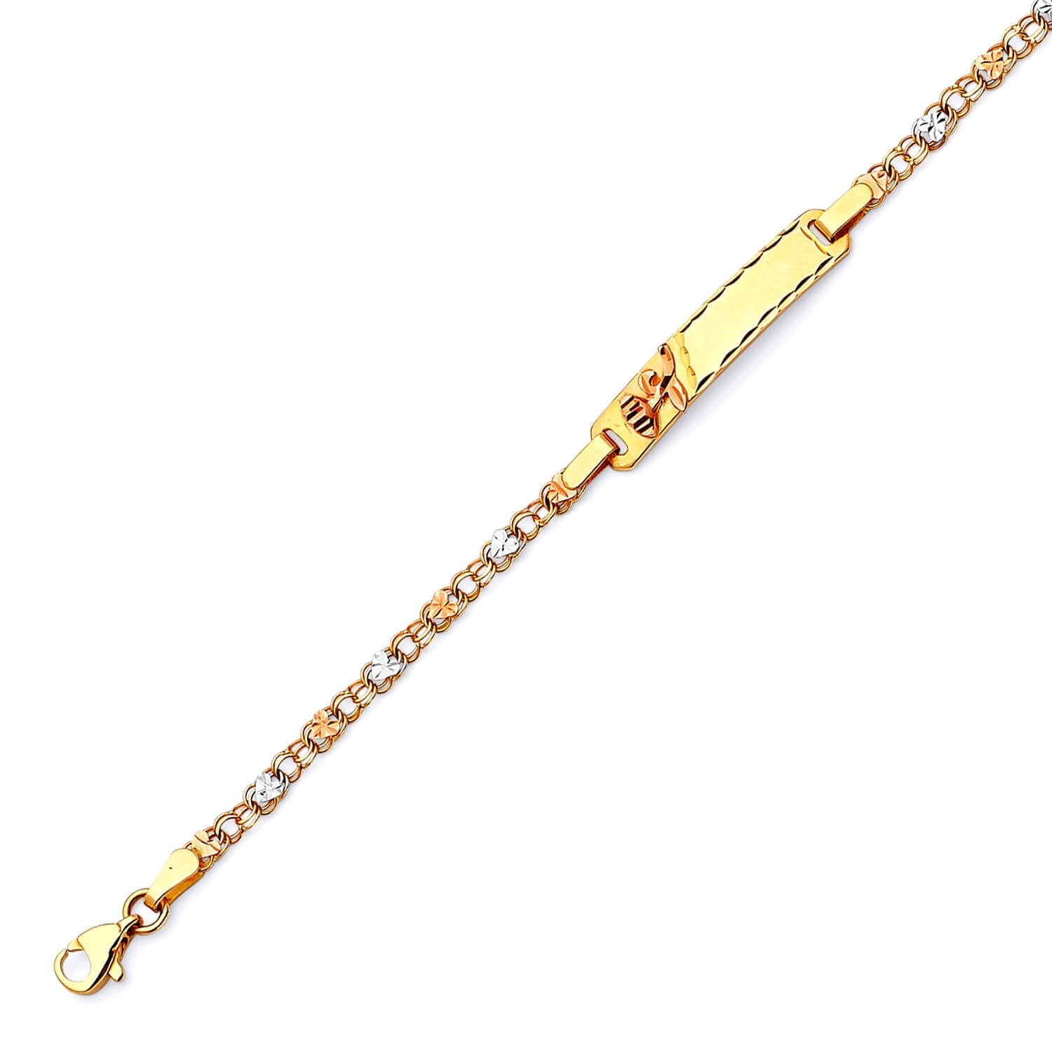 Mexican Kids Heart Border ID Bracelet In 14K Tri-Color Gold