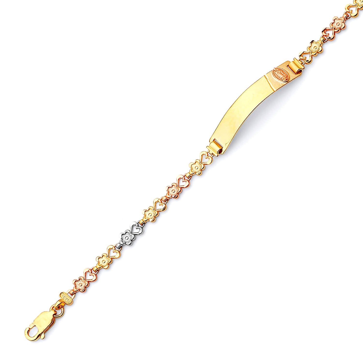 Fancy Kids Guadalupe Border ID Bracelet In 14K Tri-Color Gold