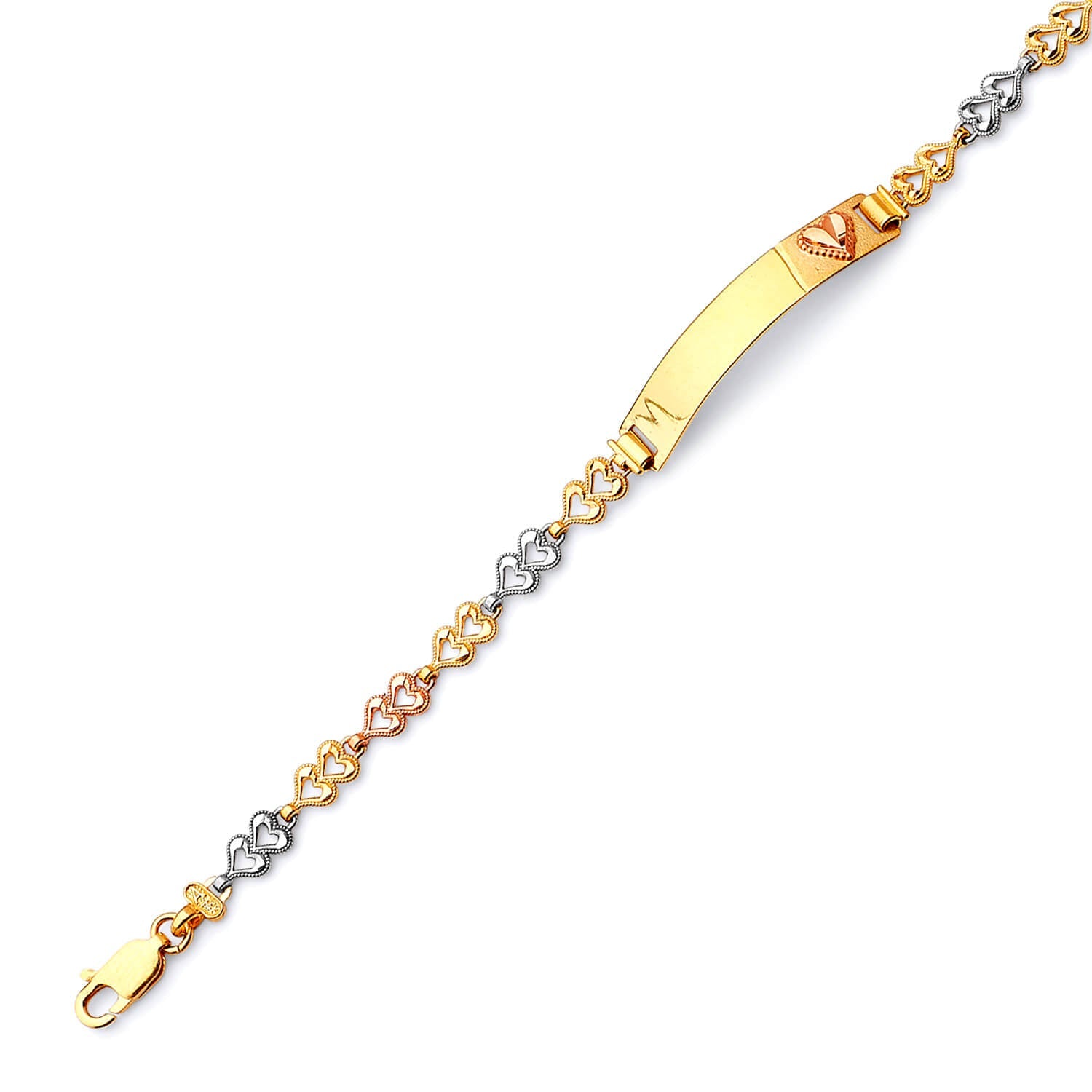 Fancy Kids Heart Border ID Bracelet In 14K Tri-Color Gold