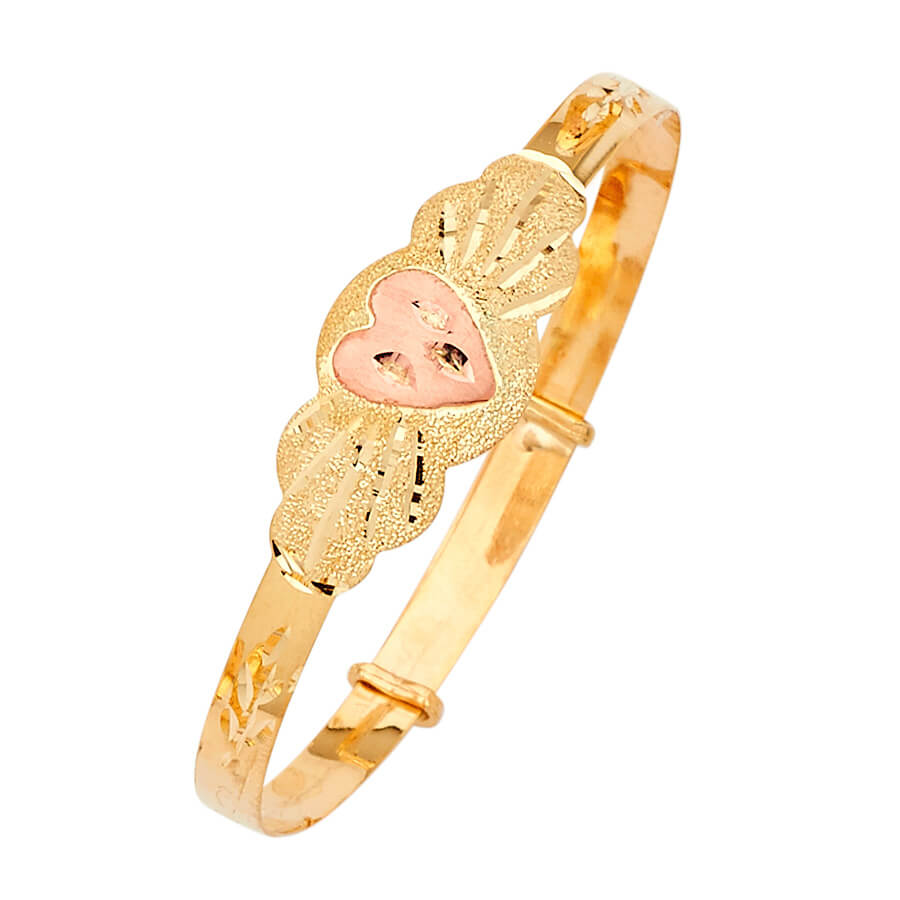 Adjustable Heart Girls Bangle in 14K Two-Tone Gold