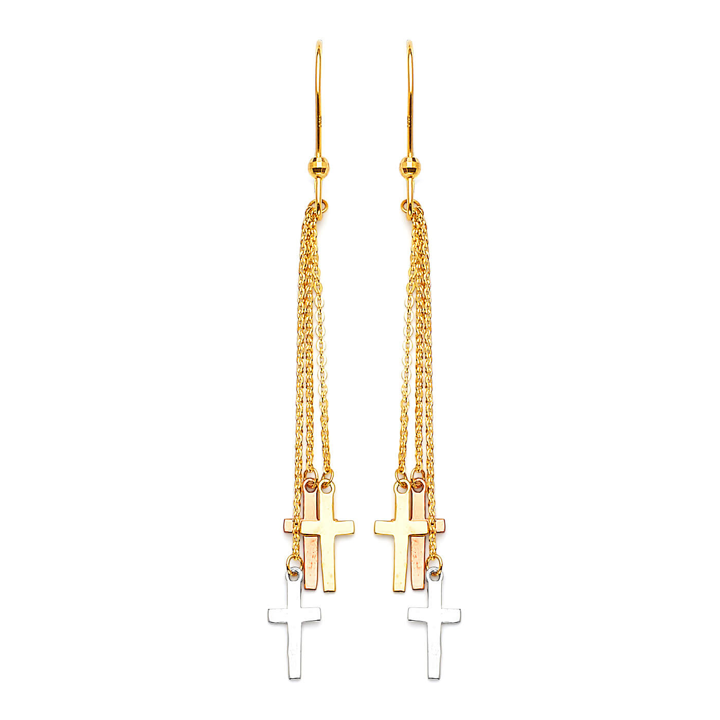 Cross Drop Earrings in 14K Tri-Color Gold