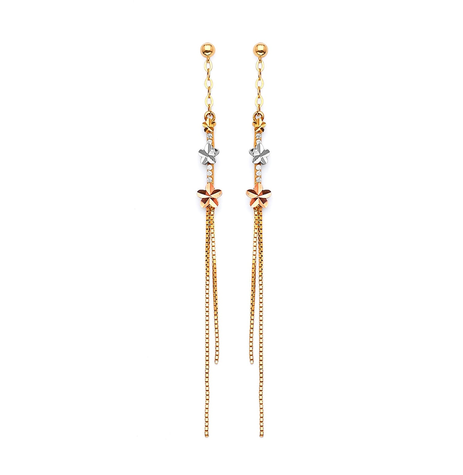Flower Tassel Earrings in 14K Tri-Color Gold and Butterfly Backing