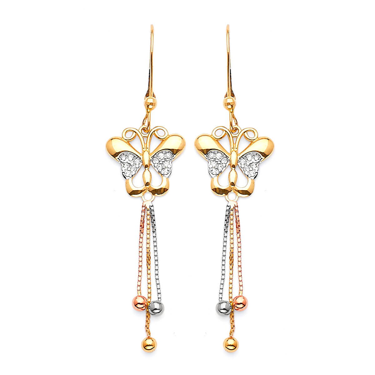 Butterfly Tassel Earrings with White CZ in 14K Tri-Color Gold