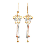 Butterfly Tassel Earrings with White CZ in 14K Tri-Color Gold