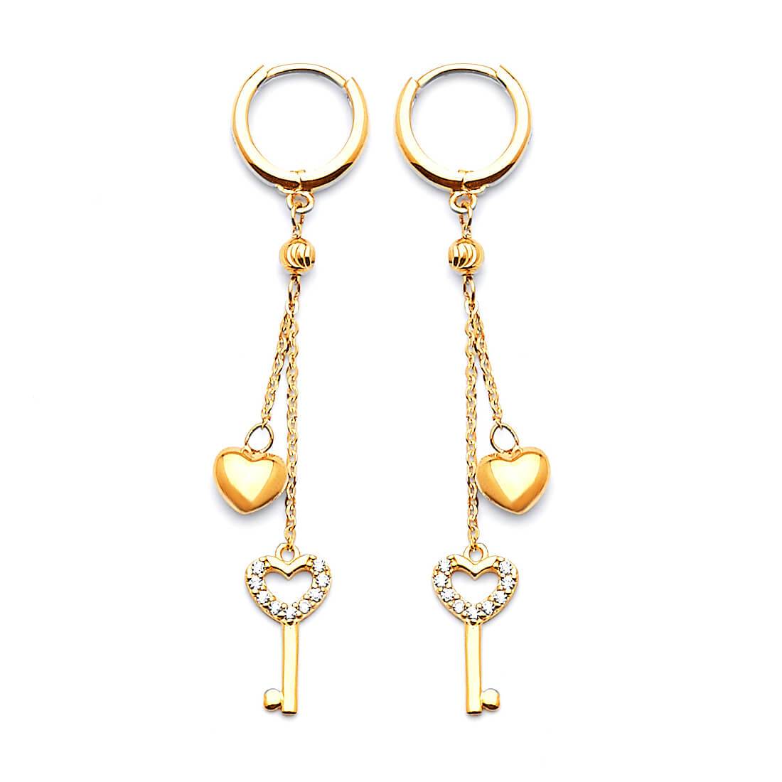 Heart Tassel Earrings with White CZ in 14K Gold