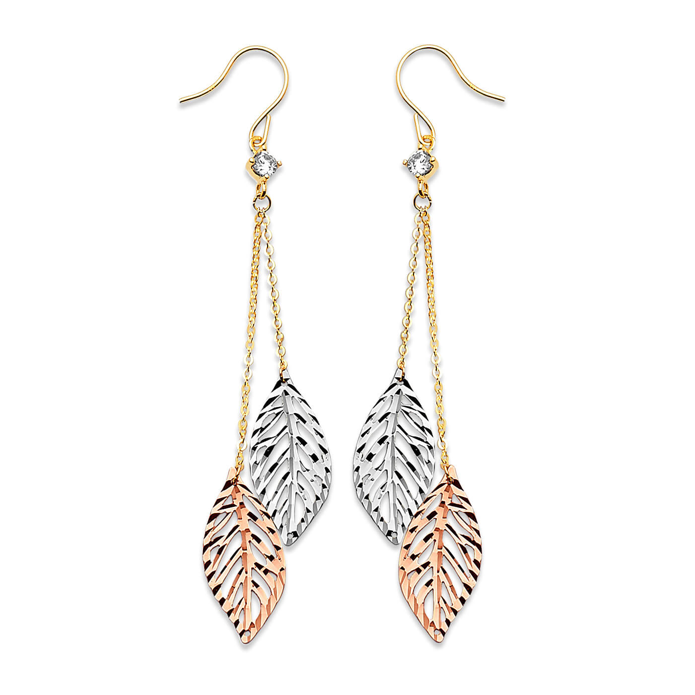 Leaf Tassel Earrings with White CZ in 14K Tri-Color Gold
