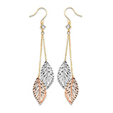 Leaf Tassel Earrings with White CZ in 14K Tri-Color Gold