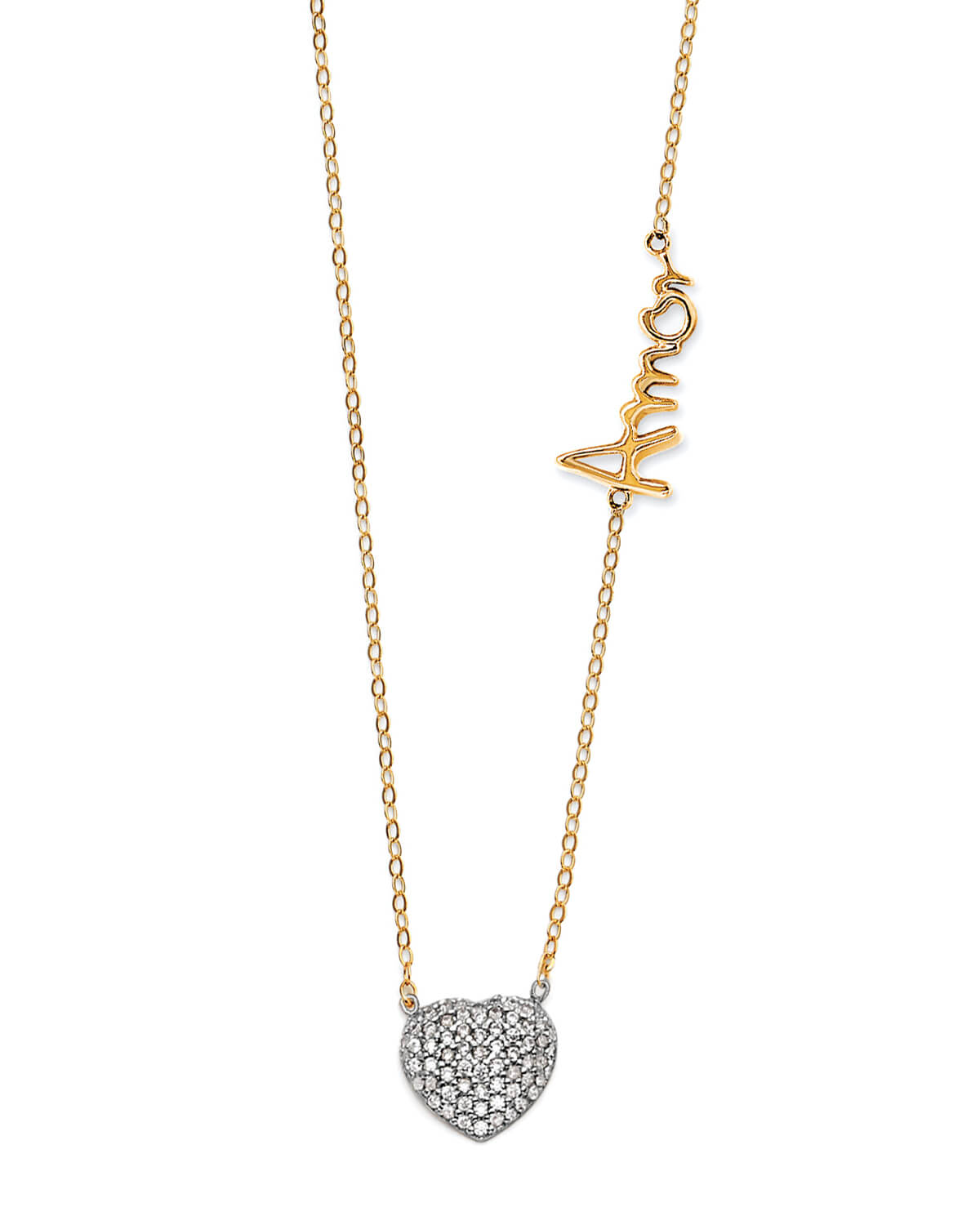 Adjustable White CZ Heart Charm Necklace in 14K Two-Tone Gold