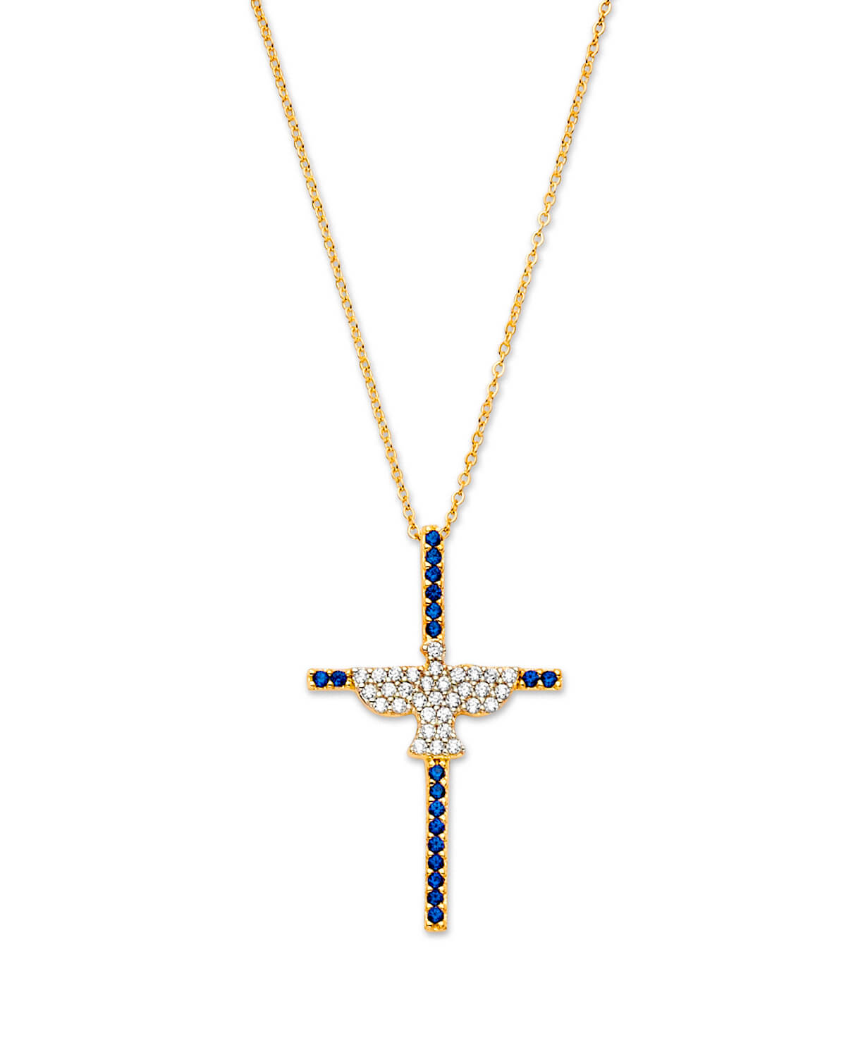 Blue & White CZ Cross Charm Necklace in 14K Gold