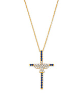 Blue & White CZ Cross Charm Necklace in 14K Gold