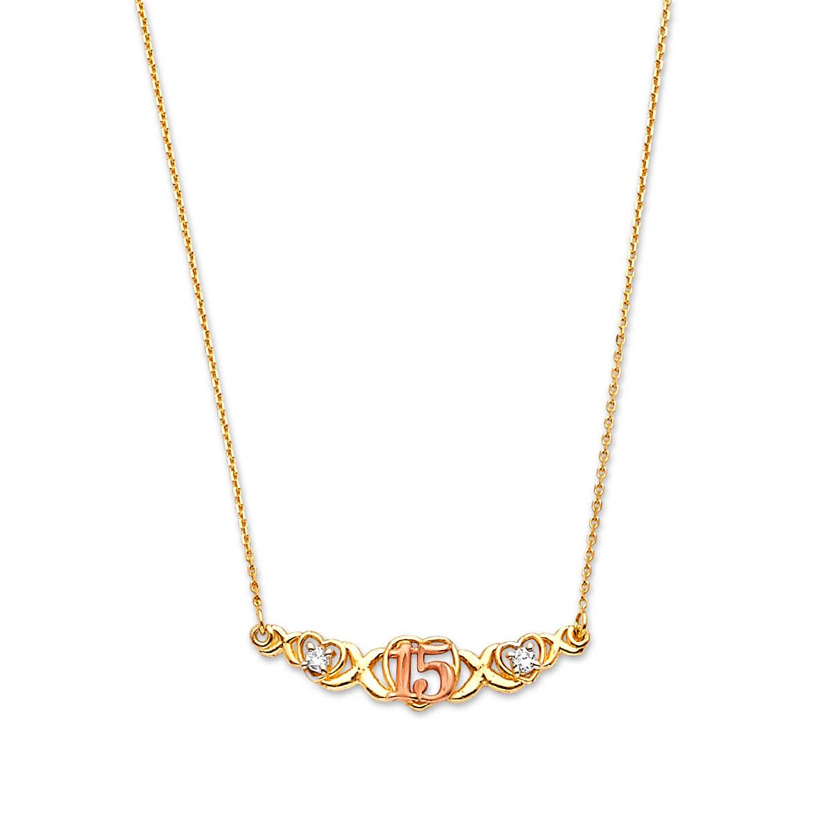 Adjustable White CZ Heart Charm Necklace in 14K Two-Tone Gold
