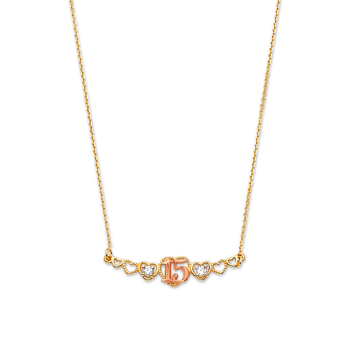 Adjustable White CZ Heart Charm Necklace in 14K Two-Tone Gold