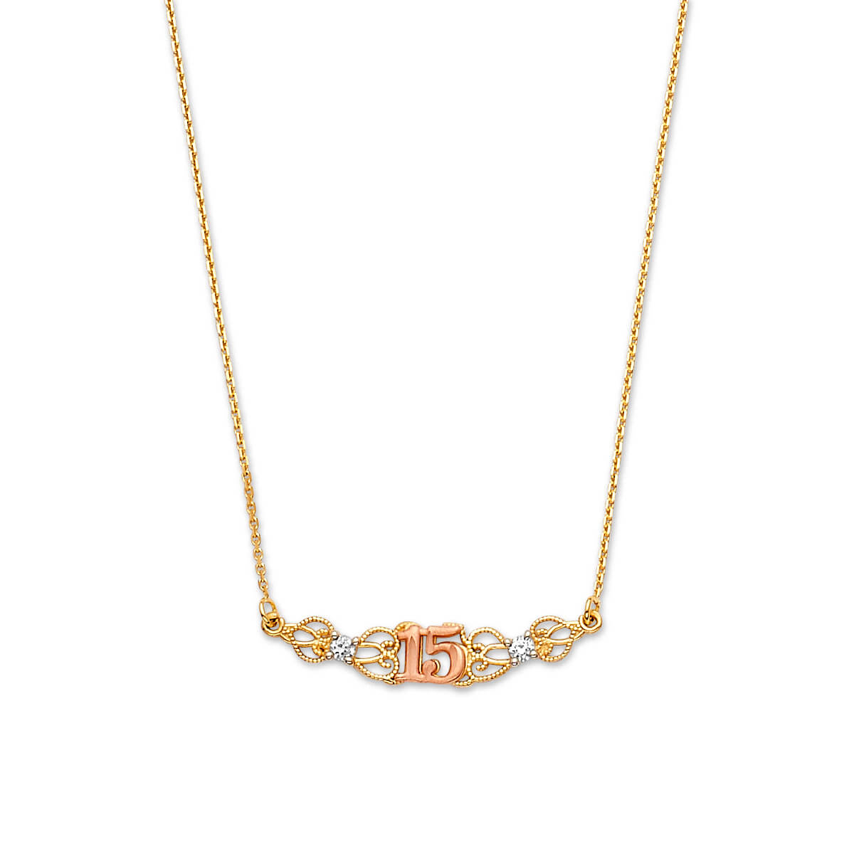 Adjustable White CZ Heart Charm Necklace in 14K Two-Tone Gold