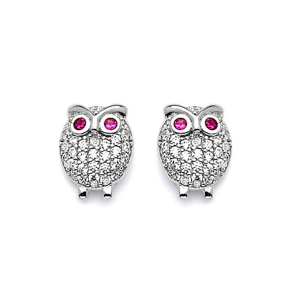 Bird Stud Earrings with Red & White CZ in 14K White Gold and Butterfly Backing