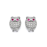 Bird Stud Earrings with Red & White CZ in 14K White Gold and Butterfly Backing