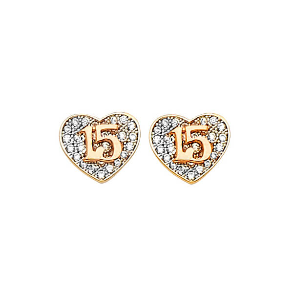 Heart Stud Earrings with White CZ in 14K Tricolor and Butterfly Backing
