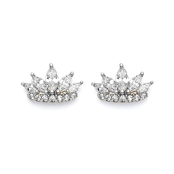 Tiara Stud Earrings with White CZ in 14K White Gold and Butterfly Backing