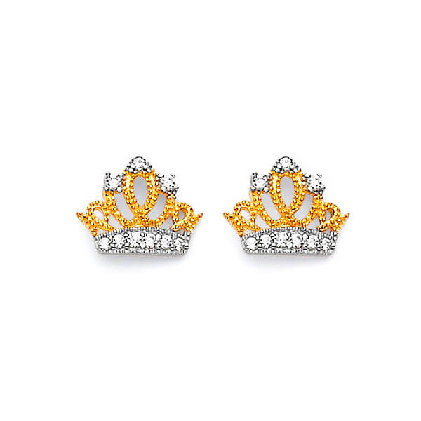 Tiara Stud Earrings with White CZ in 14K Gold and Butterfly Backing
