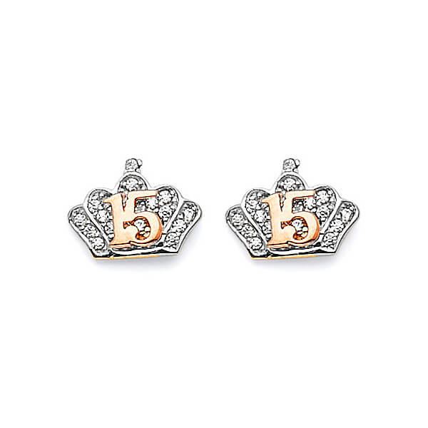 Tiara Stud Earrings with White CZ in 14K Two-Tone Gold and Butterfly Backing