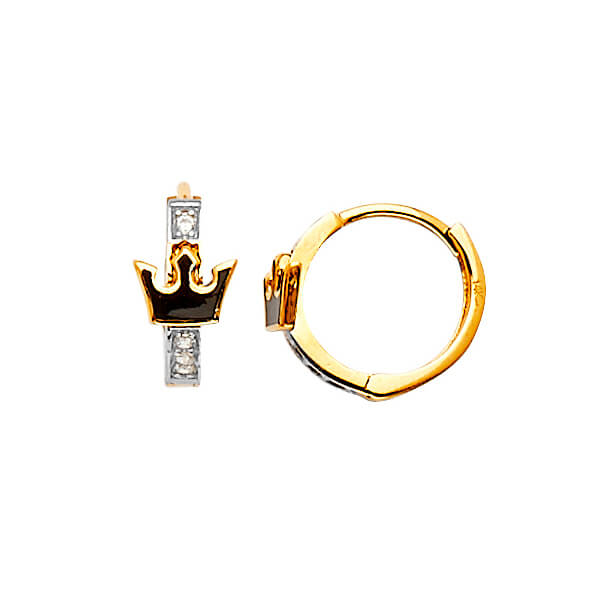 Tiara Huggie Earrings with White CZ and Onyx in 14K Two-Tone Gold