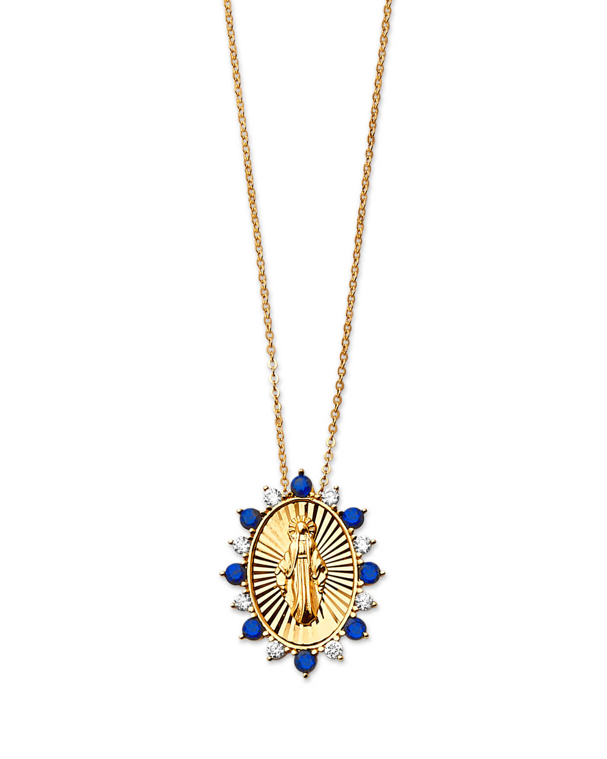 Adjustable Blue & White CZ Guadalupe Charm Necklace in 14K Gold