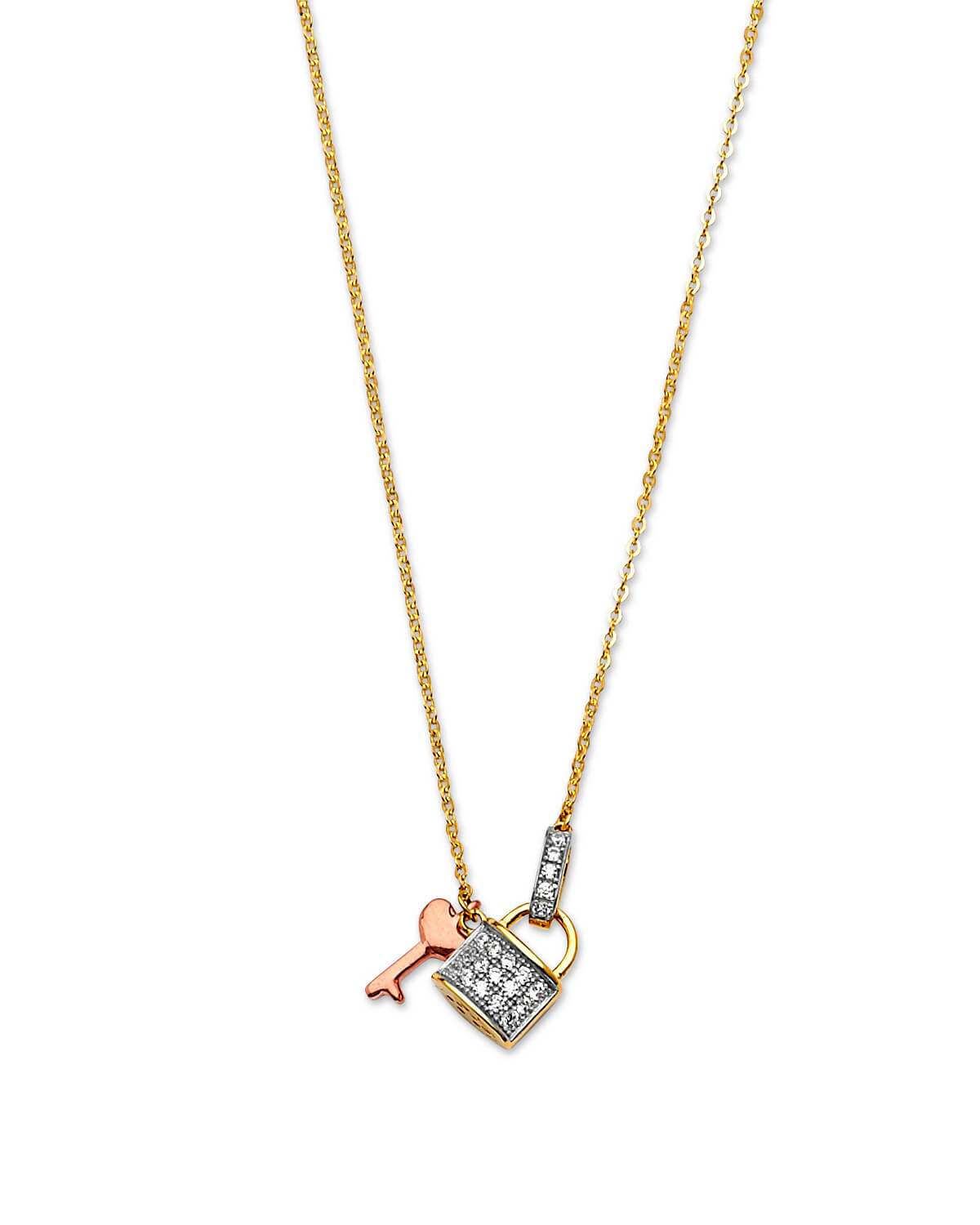 Adjustable White CZ Key Charm Necklace in 14K Tri-Color Gold