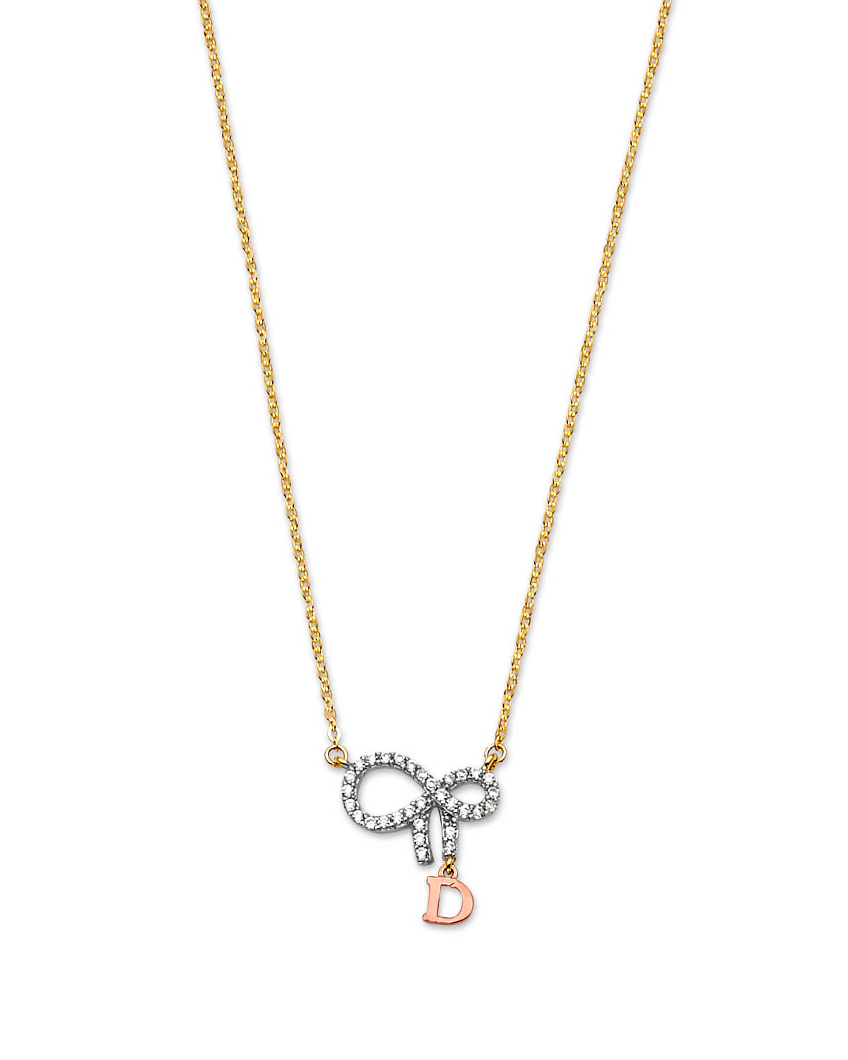 Adjustable White CZ Ribbon Charm Necklace in 14K Tri-Color Gold