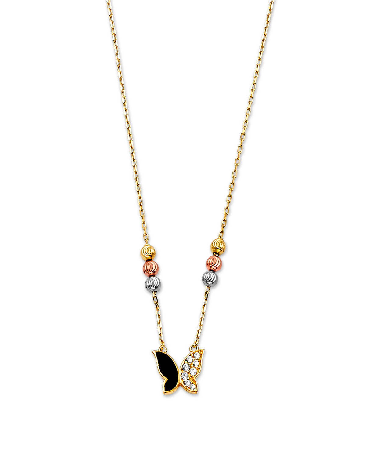 Adjustable White CZ Onyx Butterfly Charm Necklace in 14K Tri-Color Gold