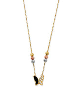 Adjustable White CZ Onyx Butterfly Charm Necklace in 14K Tri-Color Gold