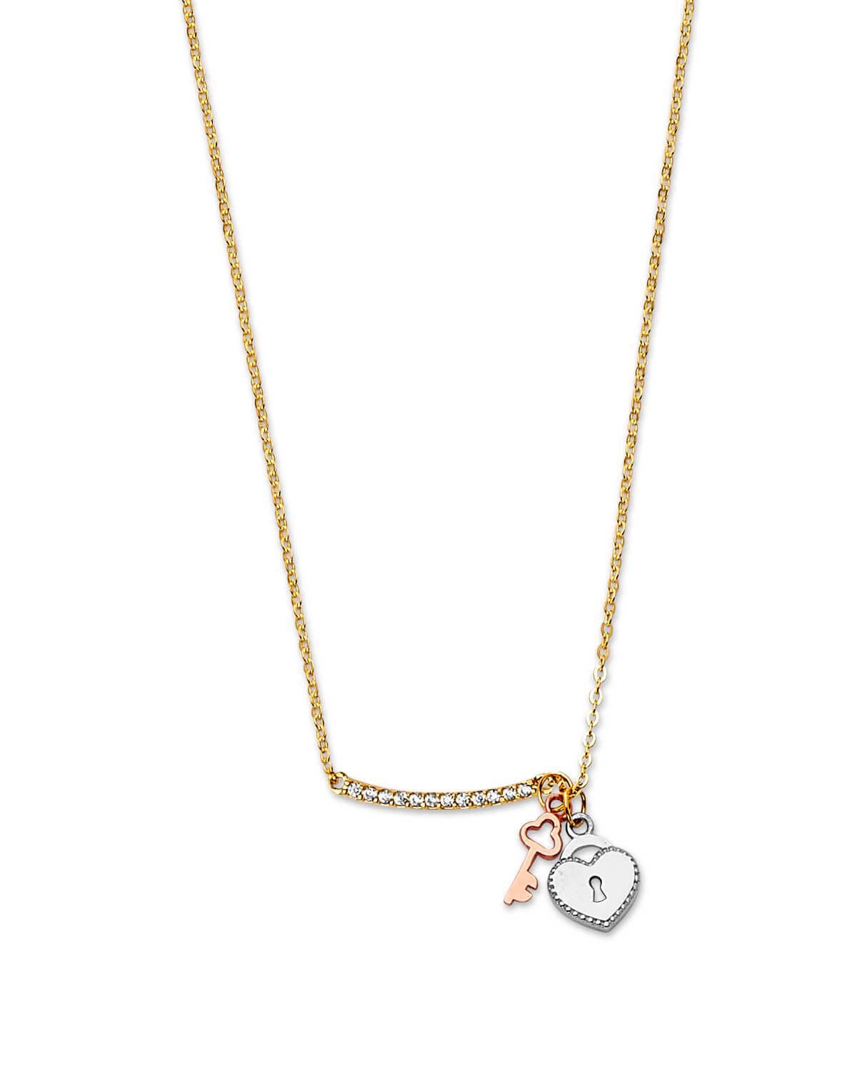 Adjustable White CZ Key Charm Necklace in 14K Tri-Color Gold