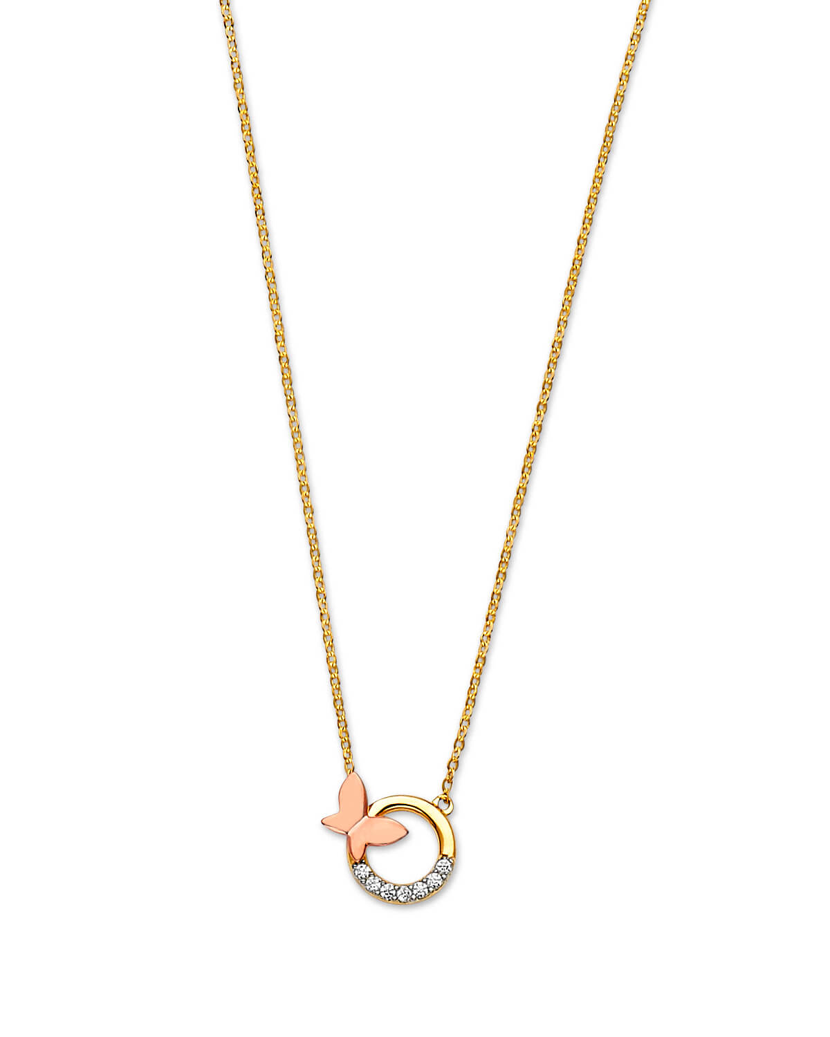 Adjustable White CZ Butterfly Charm Necklace in 14K Two-Tone Gold