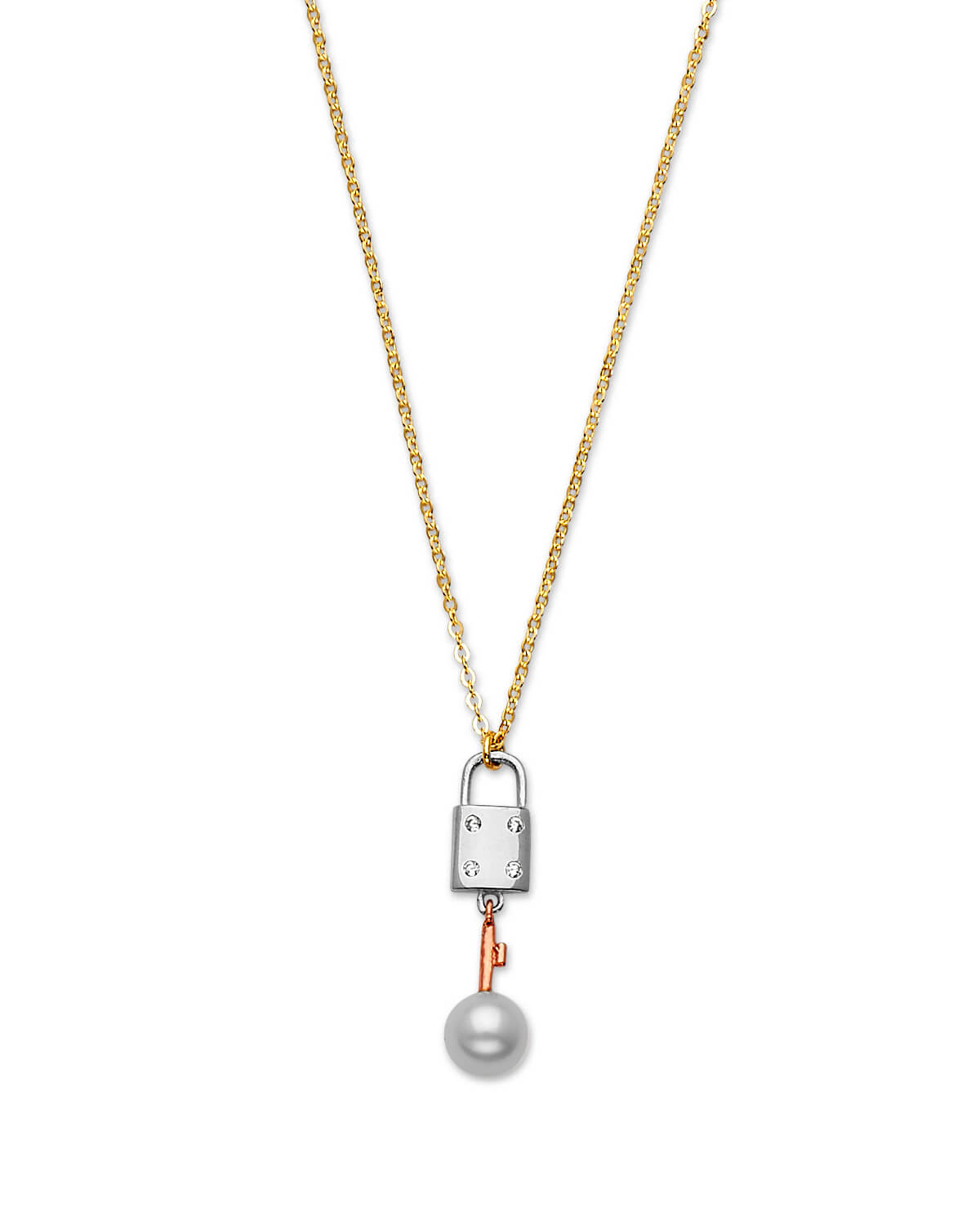 Adjustable Pearl Key Charm Necklace in 14K Tri-Color Gold