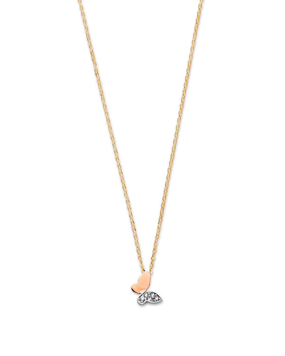 Adjustable White CZ Butterfly Charm Necklace in 14K Tri-Color Gold