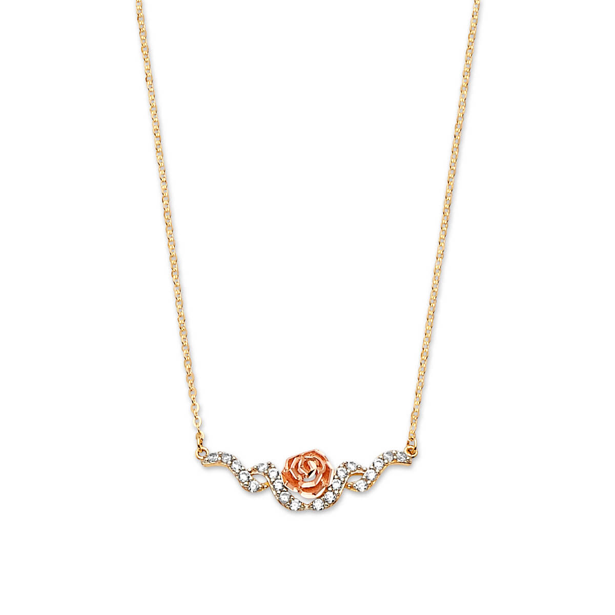 Adjustable White CZ Flower Charm Necklace in 14K Two-Tone Gold