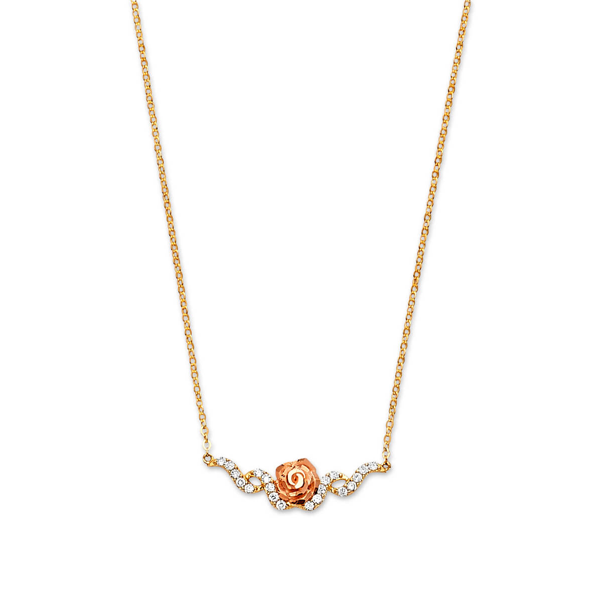 Adjustable White CZ Flower Charm Necklace in 14K Two-Tone Gold