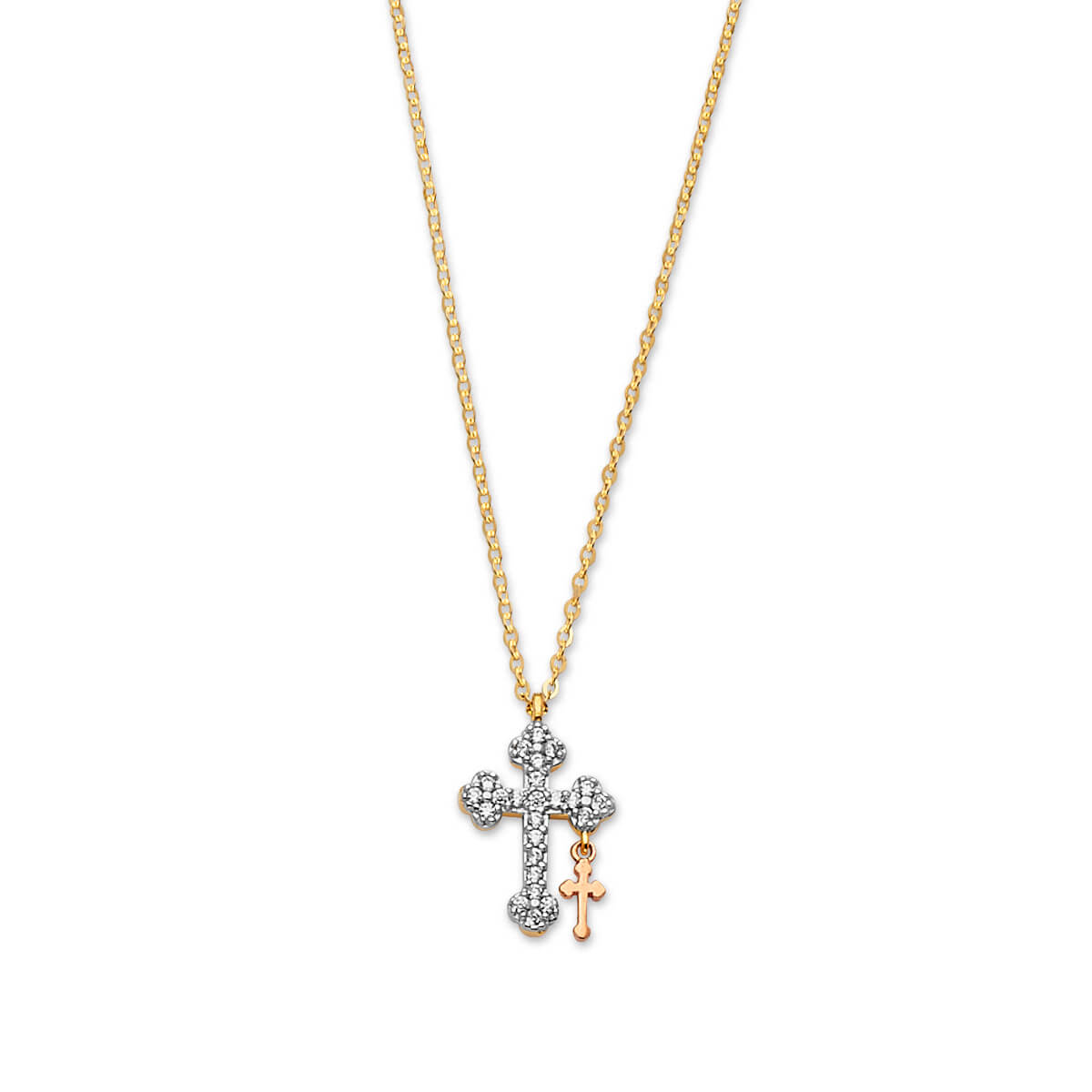 Adjustable White CZ Cross Charm Necklace in 14K Tri-Color Gold