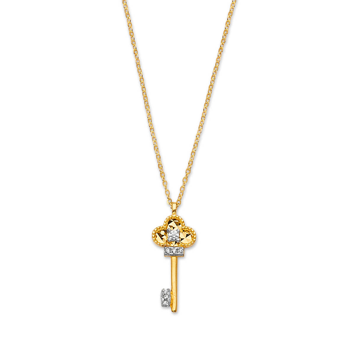 Adjustable White CZ Key Charm Necklace in 14K Two-Tone Gold