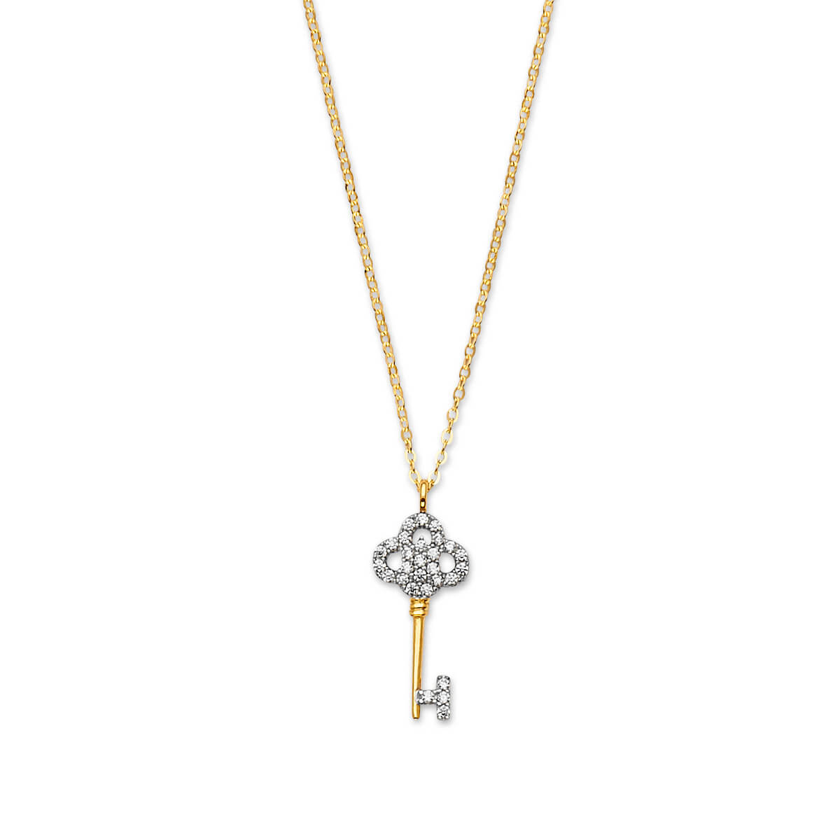 Adjustable White CZ Key Charm Necklace in 14K Two-Tone Gold