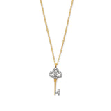 Adjustable White CZ Key Charm Necklace in 14K Two-Tone Gold
