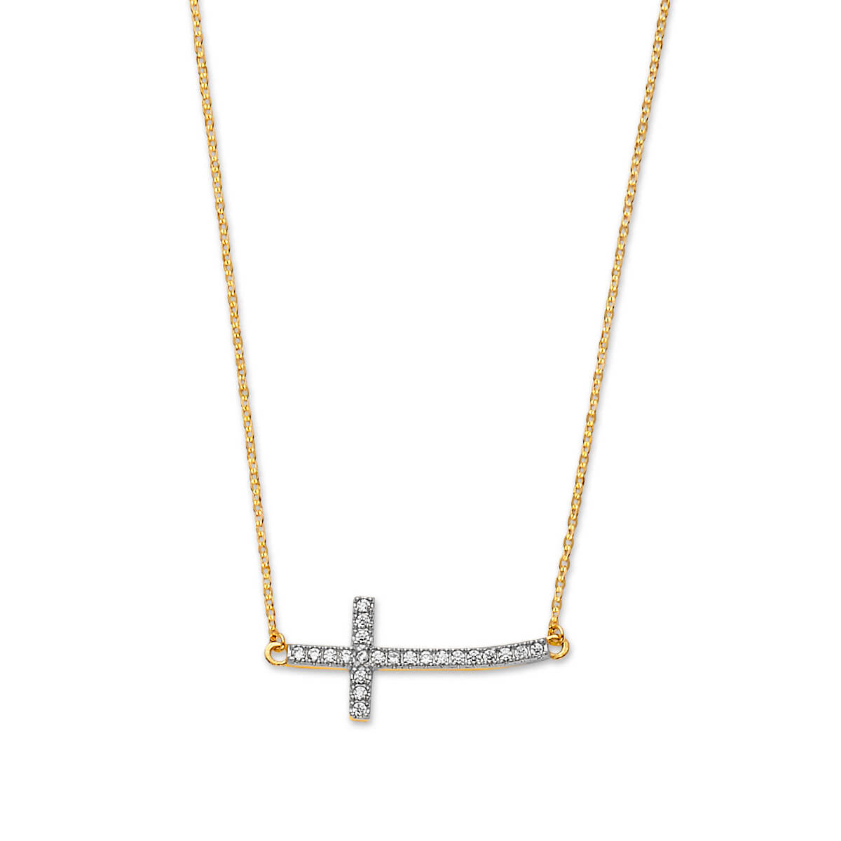 Adjustable White CZ Cross Charm Necklace in 14K Two-Tone Gold