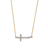 Adjustable White CZ Cross Charm Necklace in 14K Two-Tone Gold