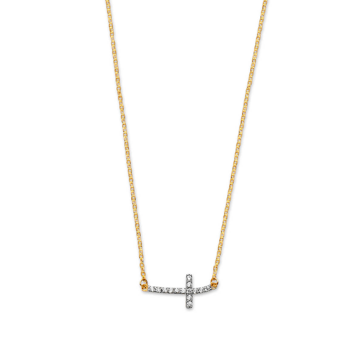 Adjustable White CZ Cross Charm Necklace in 14K Two-Tone Gold
