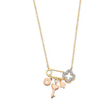 Adjustable White CZ Key Charm Necklace in 14K Tri-Color Gold