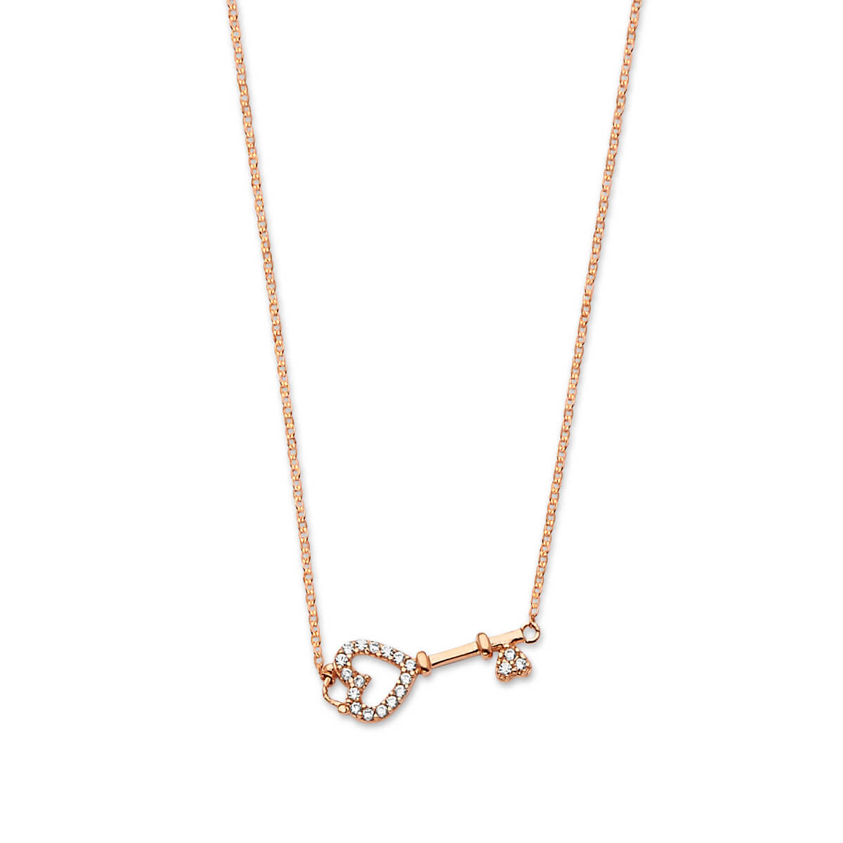 Adjustable White CZ Key Charm Necklace in 14K Rose Gold