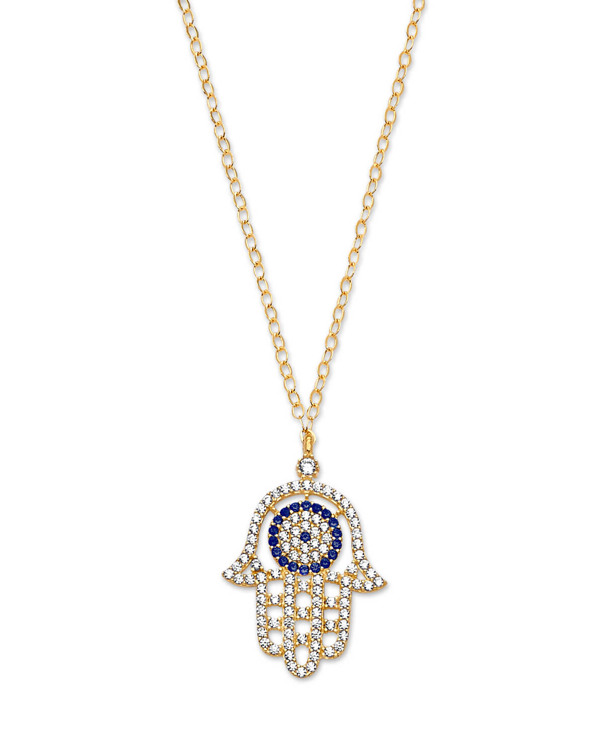 Blue & White CZ Hand Charm Necklace in 14K Gold