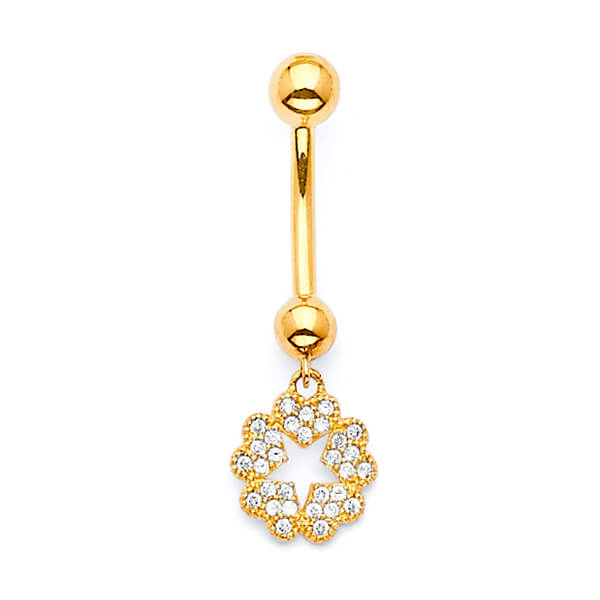 White CZ Heart Belly Ring in 14K Gold